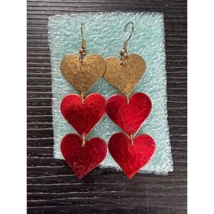 Handmade Red Gold Tiered Hammered Heart Drop Earrings Valentine's Dangle